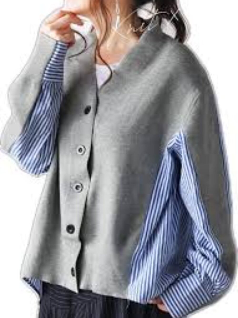 Gray Blue White Stripe Layered Cardigan Size Small